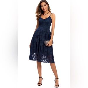 Elegant Navy Blue Flare‎ Lace Cocktail Dress Size Medium